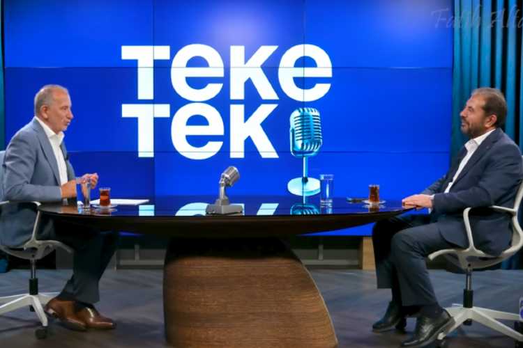 Fatih Altaylı and Mehmet Ali Kulat sitting at opposite ends of a table discussing youth research findings in Turkey during a YouTube program interview.